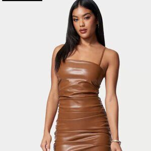 Bebe Ruched Midi Vegan Leather Dress